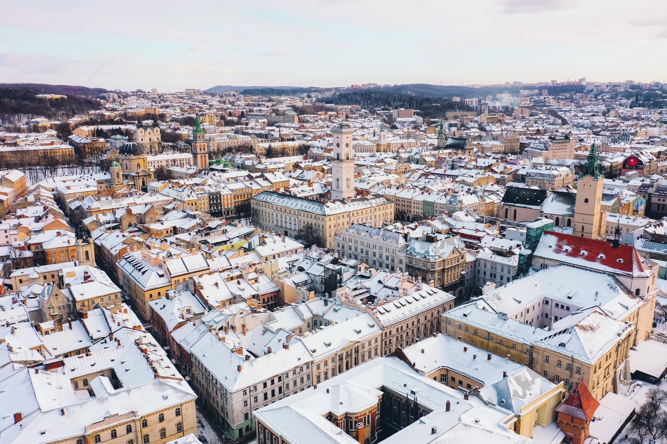 Snowy old city decorated for the holidays