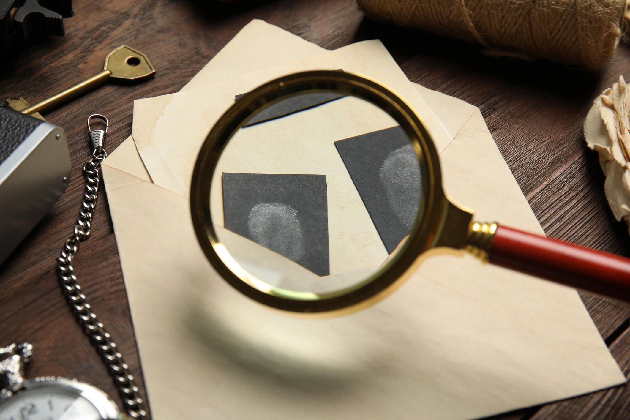 Magnifying glass and fingerprints on a detective-style puzzle workspace