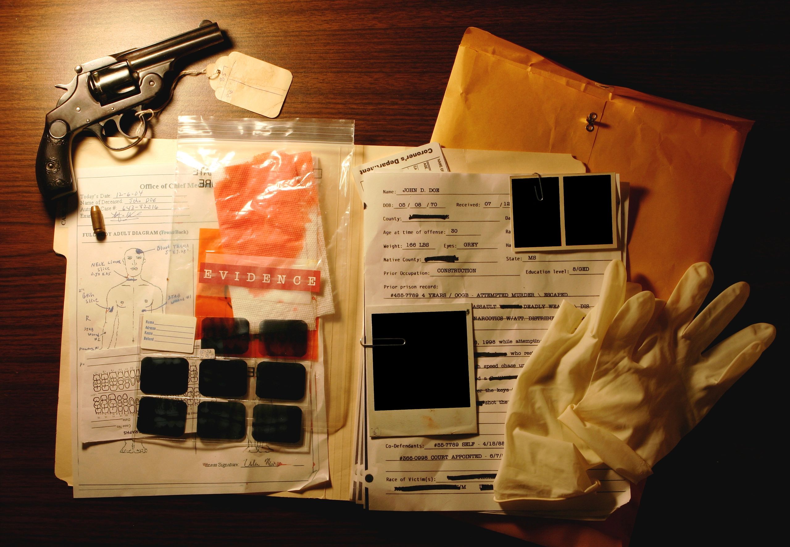 Detective-style puzzle evidence and clues spread across a desk