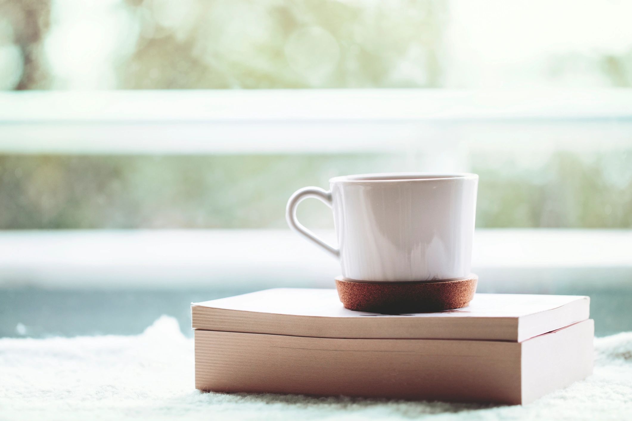 Reader enjoying a book and coffee by the window