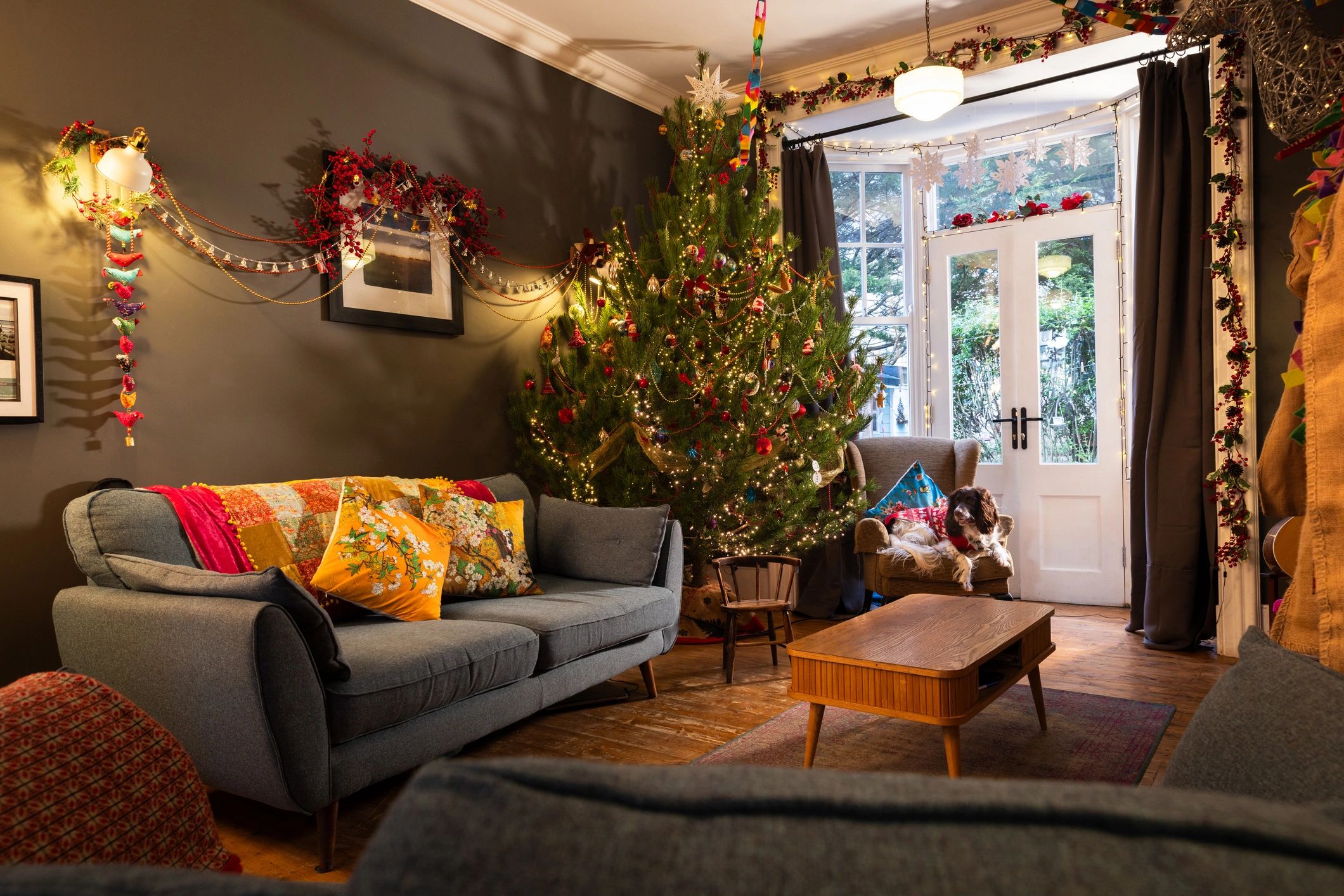 Festive living room decorated for Christmas