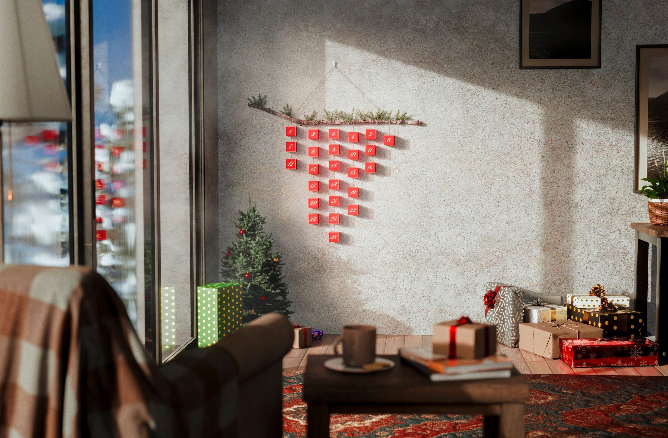 Cozy holiday room with advent calendar and gifts