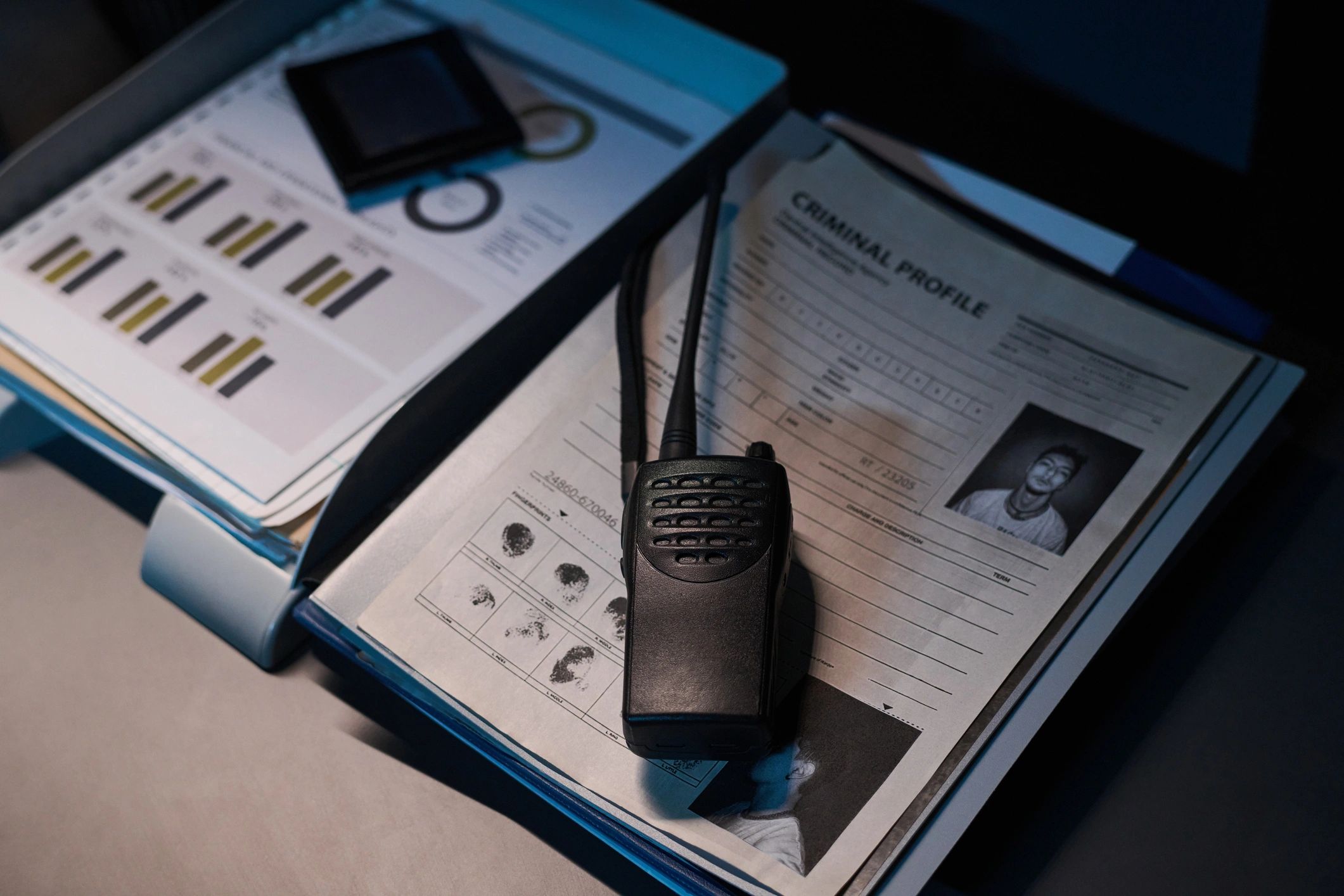 Detective case documents and radio on an investigation desk