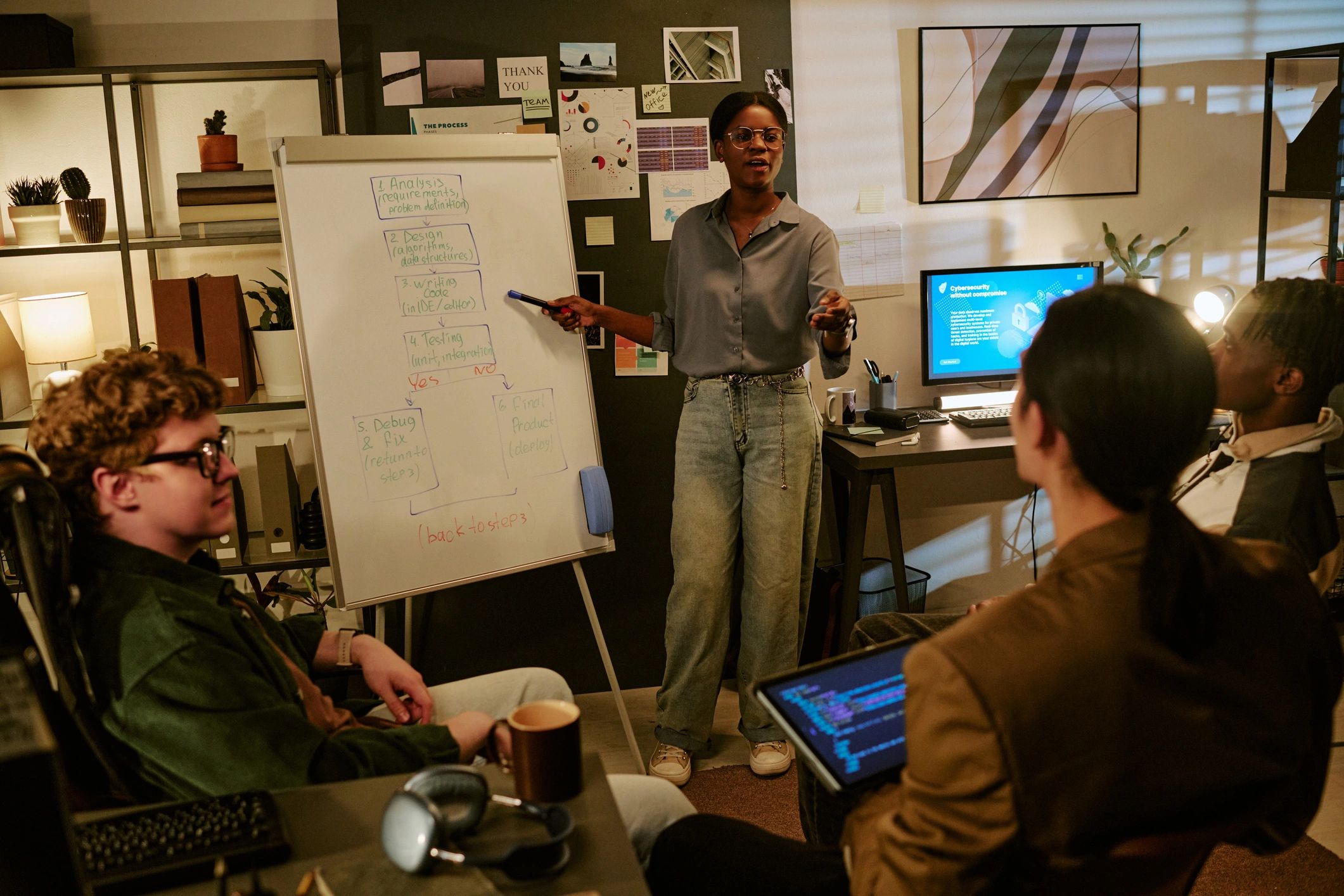 Creative team planning ideas together on a whiteboard