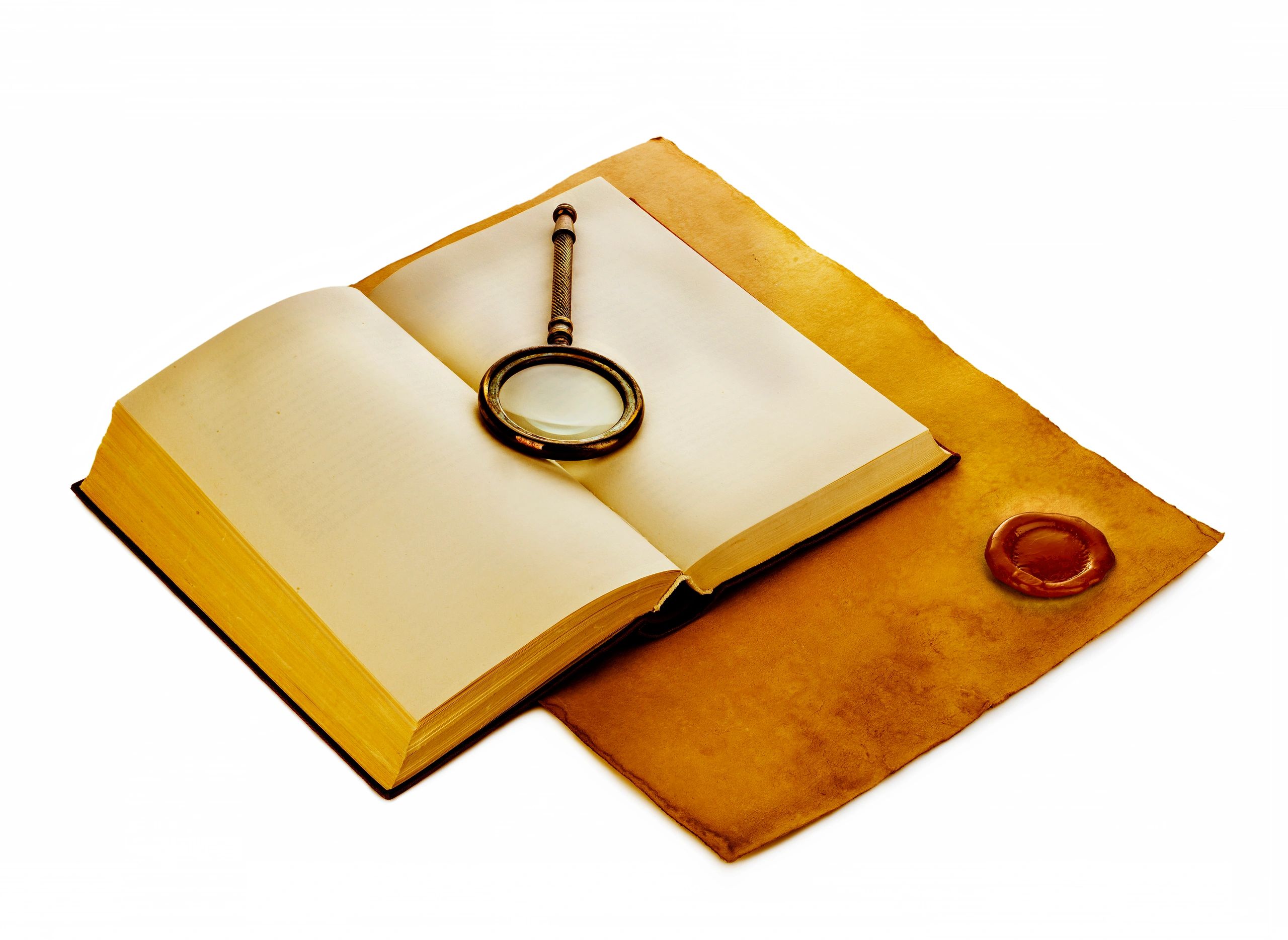 Open book and magnifying glass on vintage paper